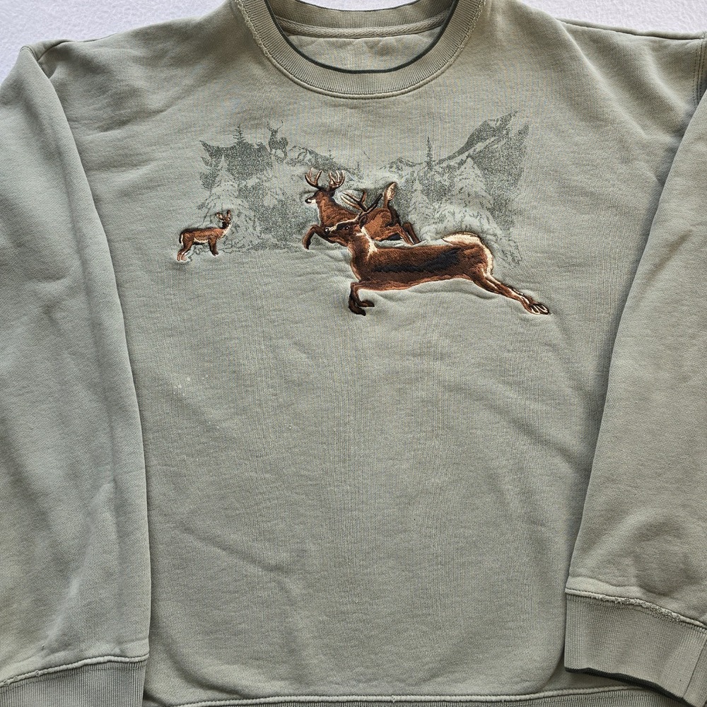 Vintage Croft & Barrow Whitetail Deer Embroidered Sweatshirt XXL Distressed Sage